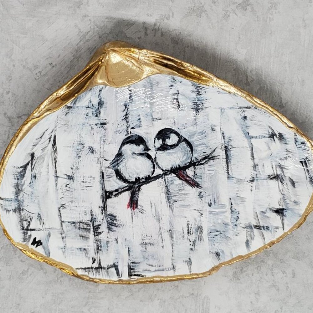 Hand Painted Shells, Bird Lovers , Gold Leaf Trim, Trinket Dish not Decoupage